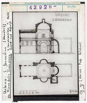 Vorschaubild Urbino: San Bernardino, Grundriss und Aufriss. Zeichnung Wolfgang Schöne 